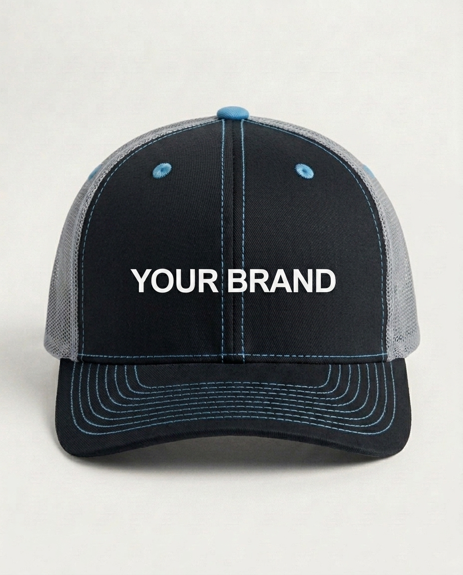 Gray trucker cap — front hero view, straight-on