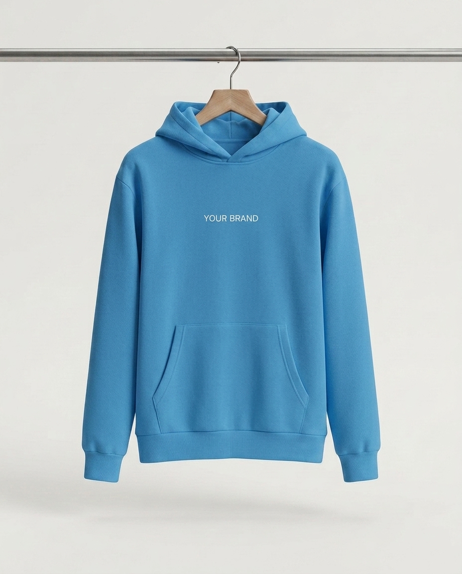 A black pullover hoodie hanging on a rack, front view with kangaroo pocket