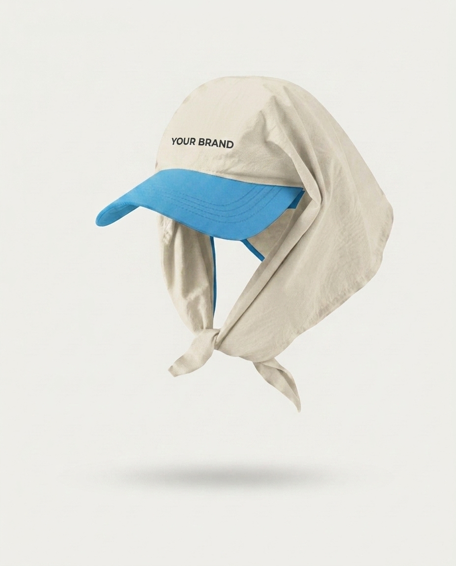 A sun visor cap with an attached neck cape/scarf, front view