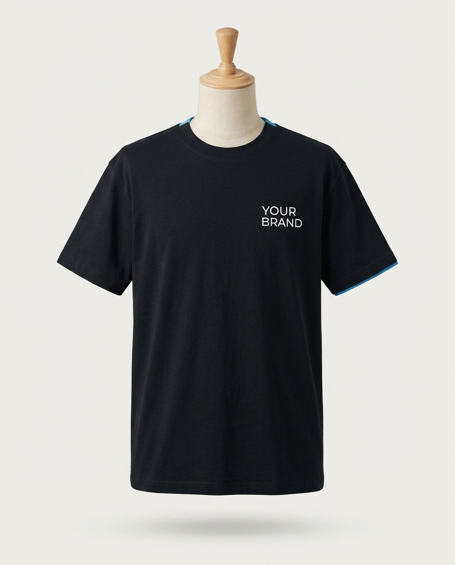 Black t-shirt on mannequin — front, small chest logo