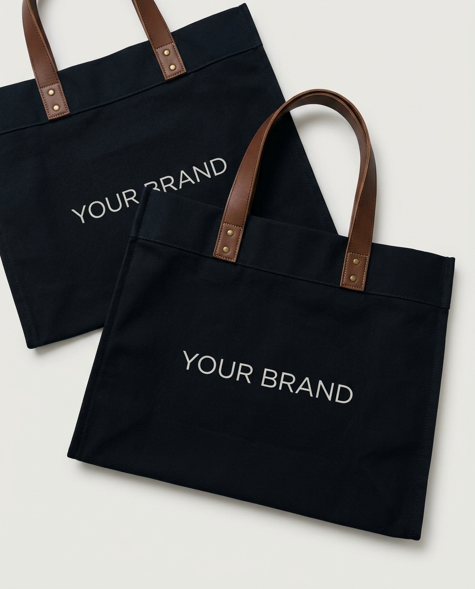 Cream canvas tote bags with brown leather handles, several stacked