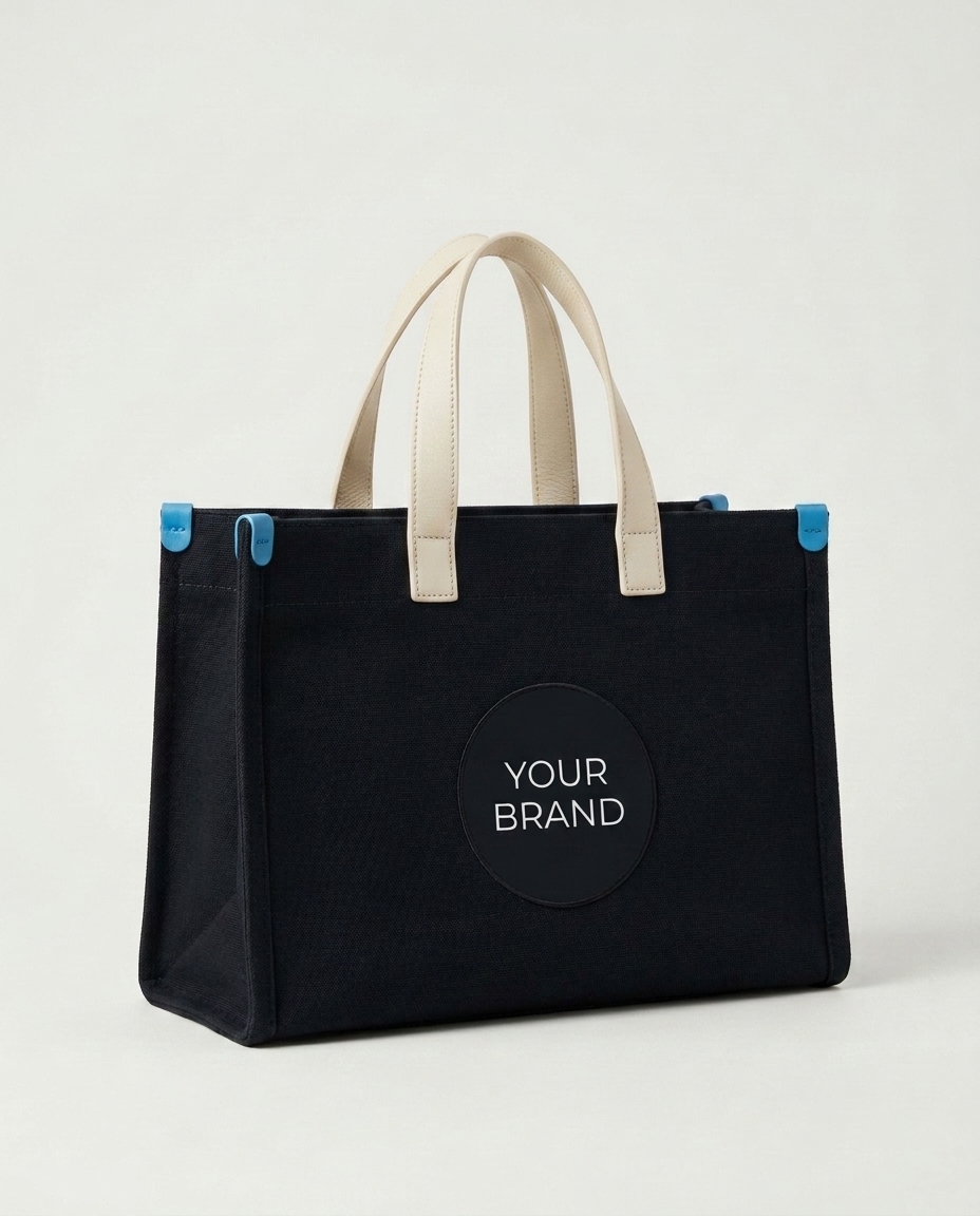 Cream canvas tote bag with tan leather handles and 'PAN' circular logo, on desk