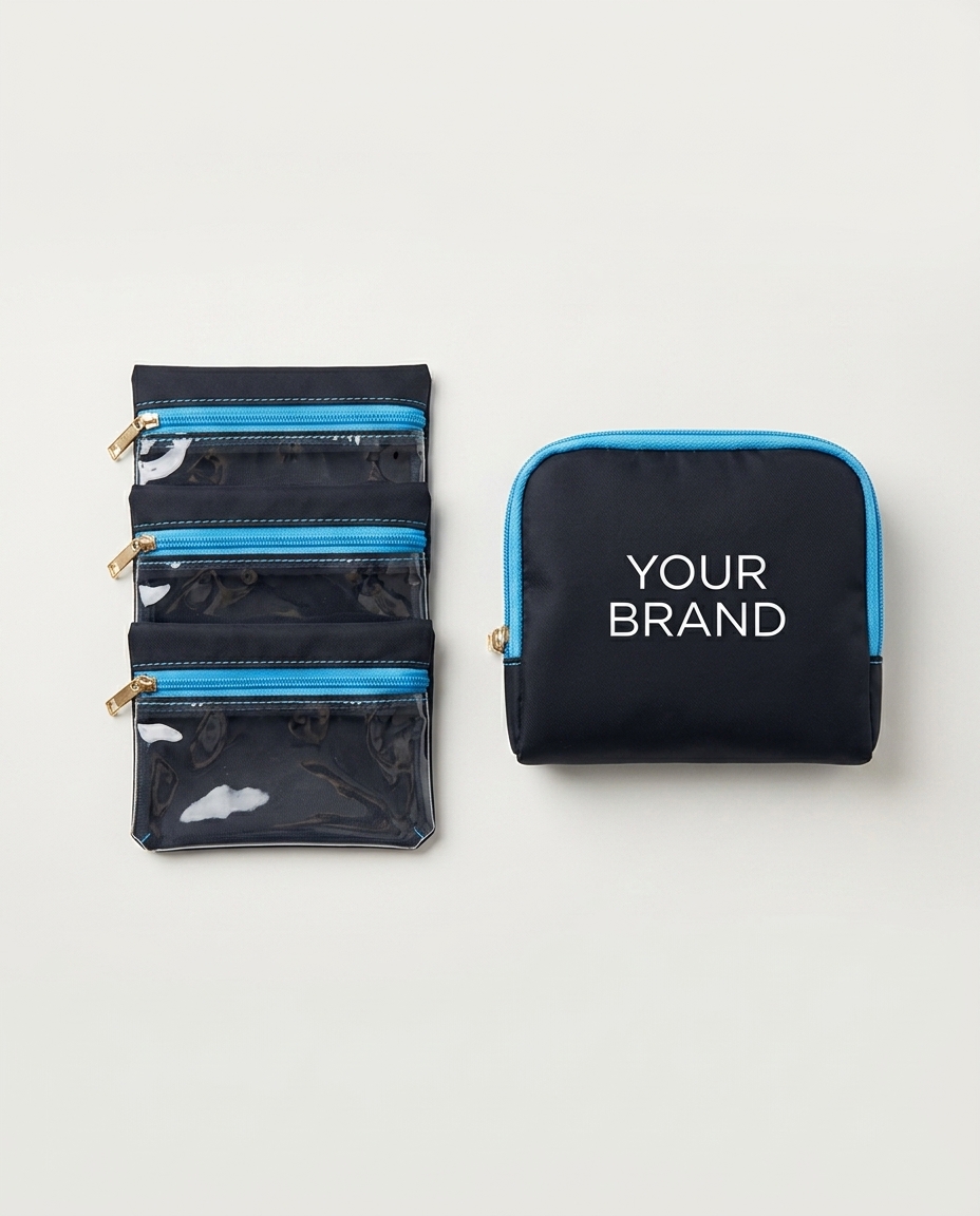 Beige zippered pouches with round 'Jais' logo pouch