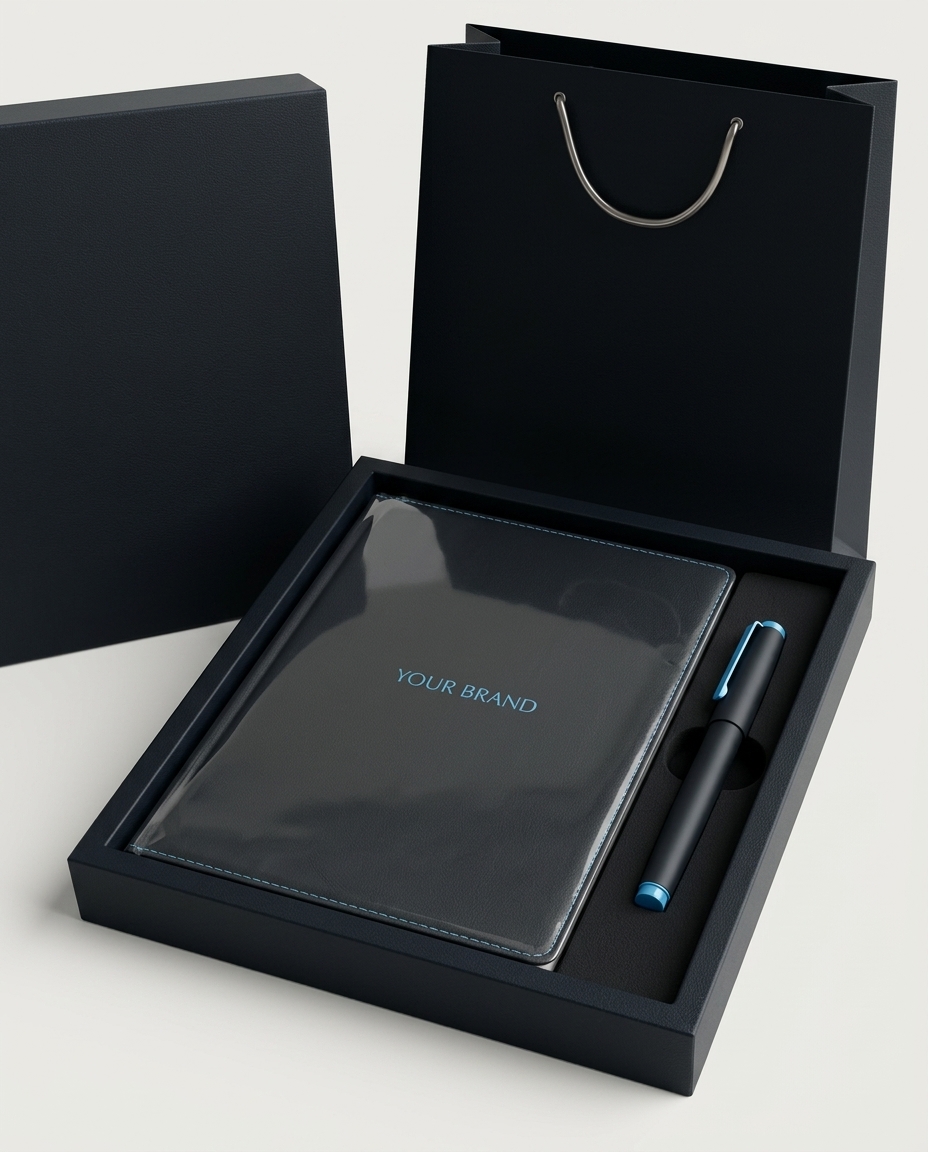 A premium notebook and pen gift set in an open box, with matching gift bags in the background