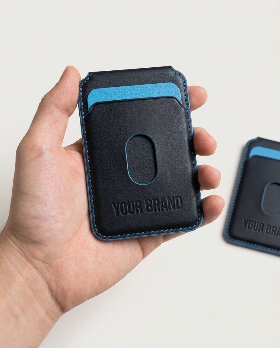 Black leather phone wallet/card holder held in hand, embossed logo