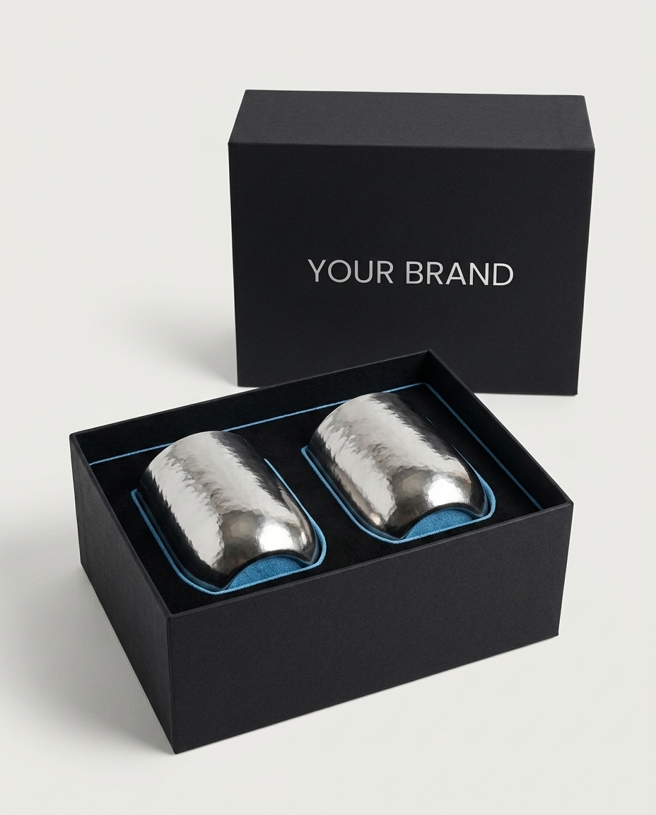 Two polished titanium metal cups in an open gift box
