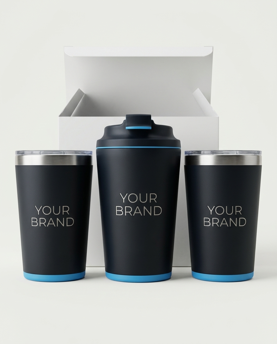 Three dark stainless steel tumblers in a box, each with a logo