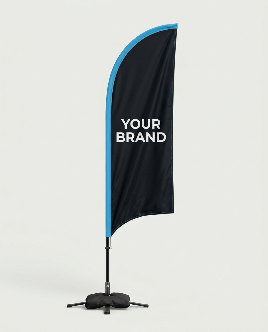 A feather flag banner on a pole with base