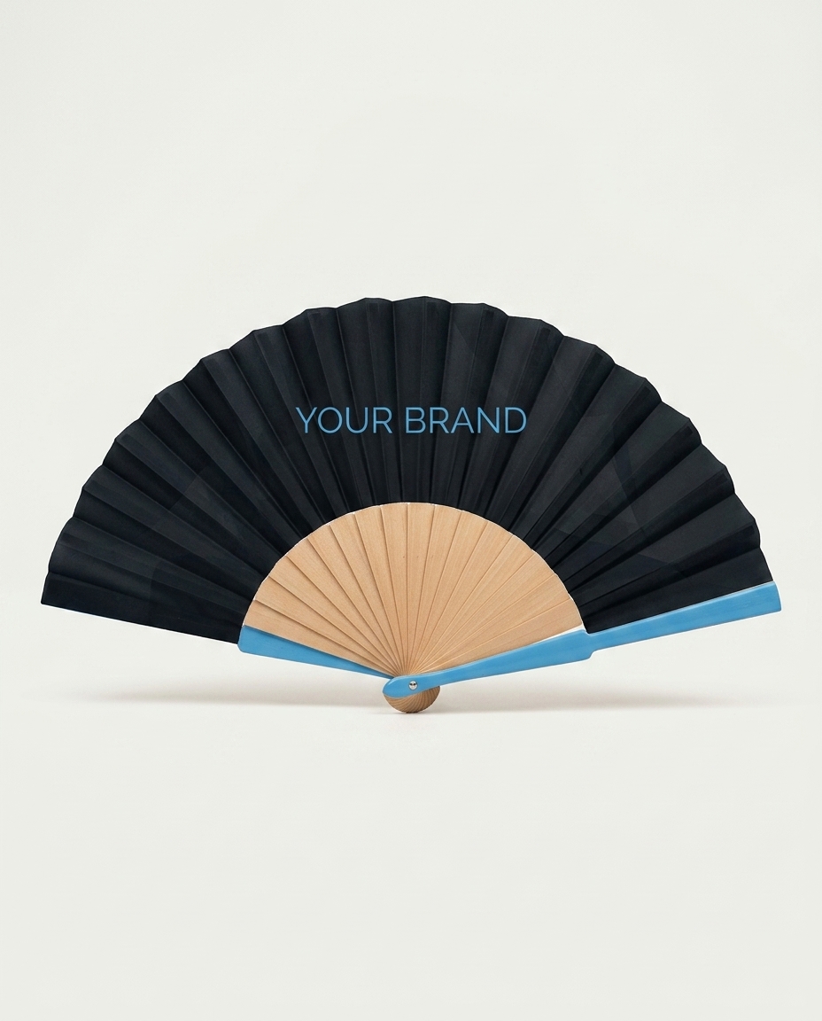 Red promotional hand fan with Spanish slogan text