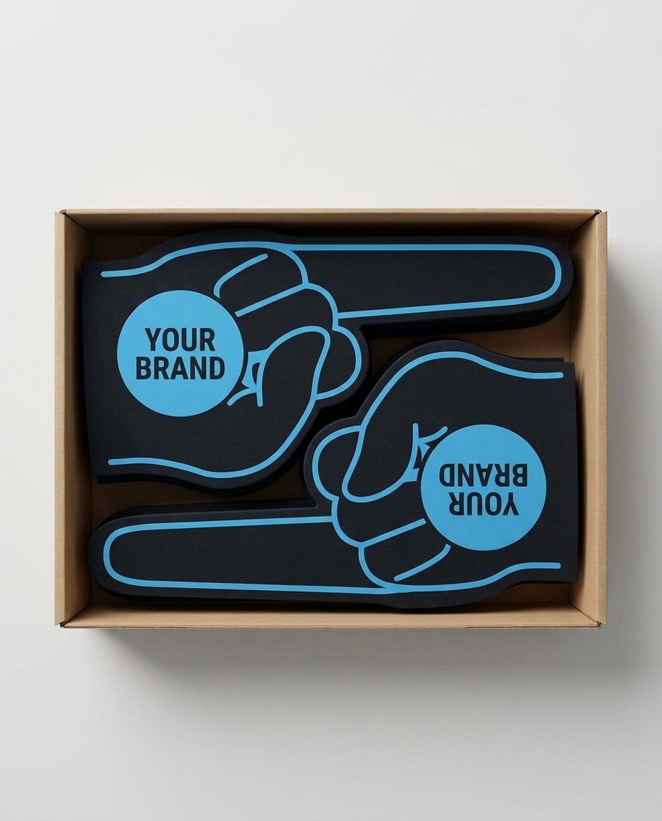 Foam finger hand-shaped novelty cheering props stacked in a box