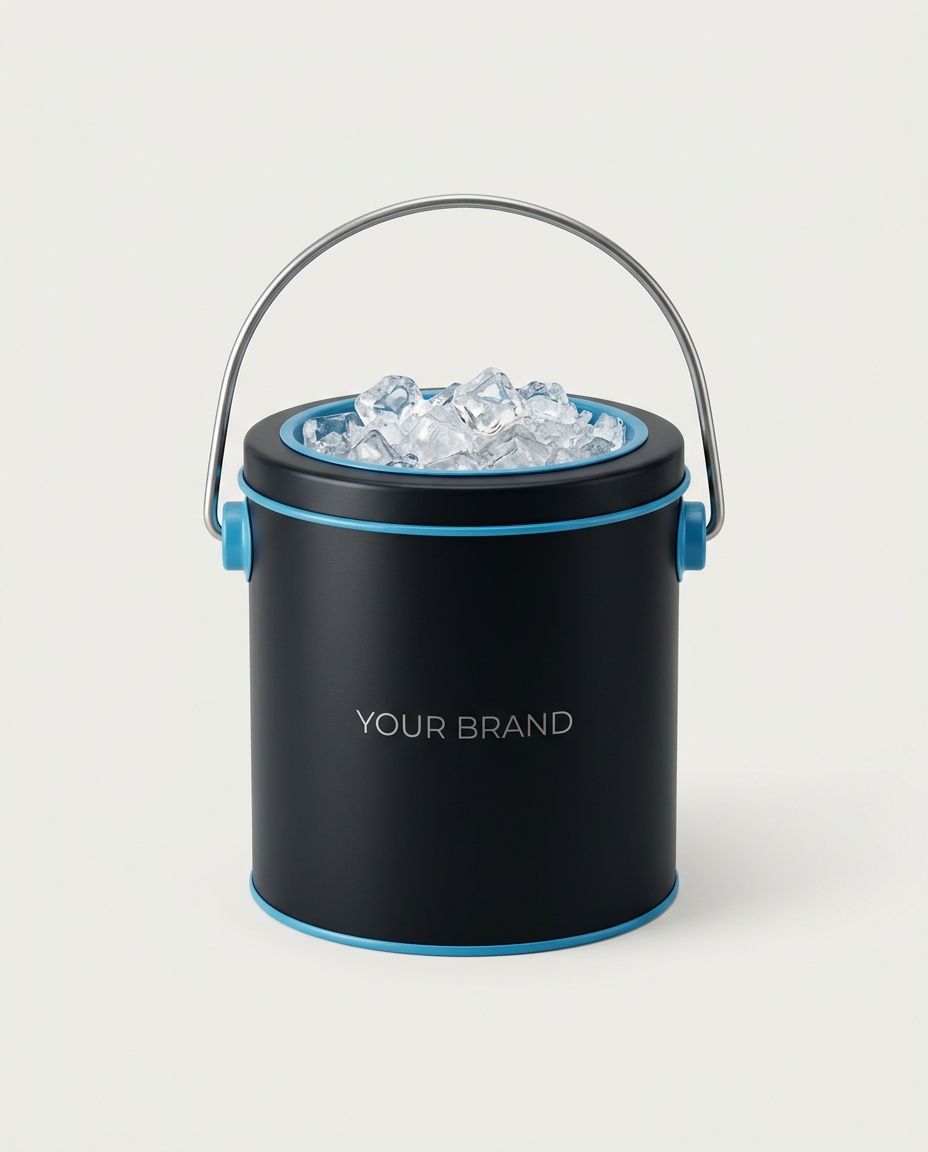 A metal ice bucket with handle, filled with ice
