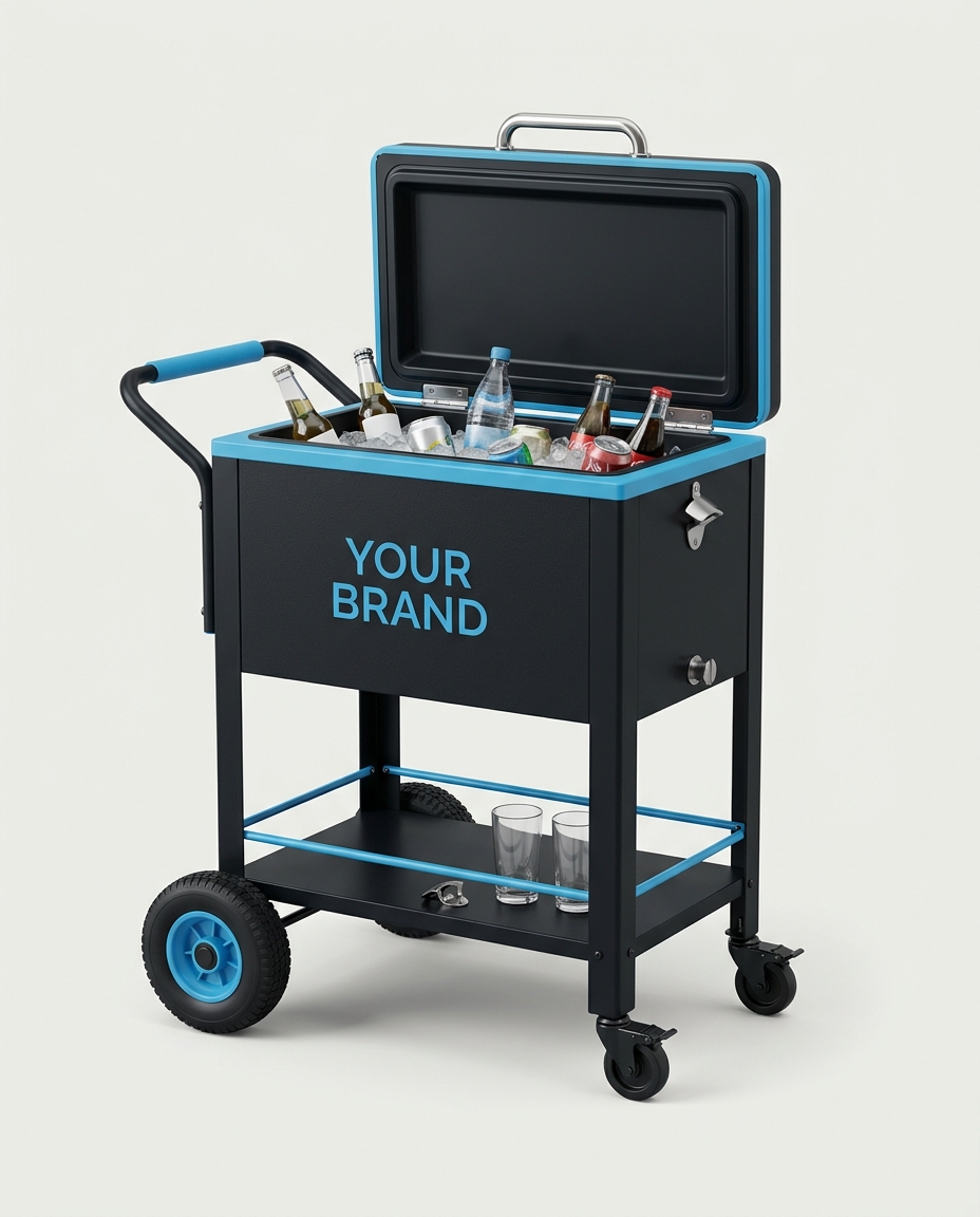 A rolling beverage cooler cart with wheels