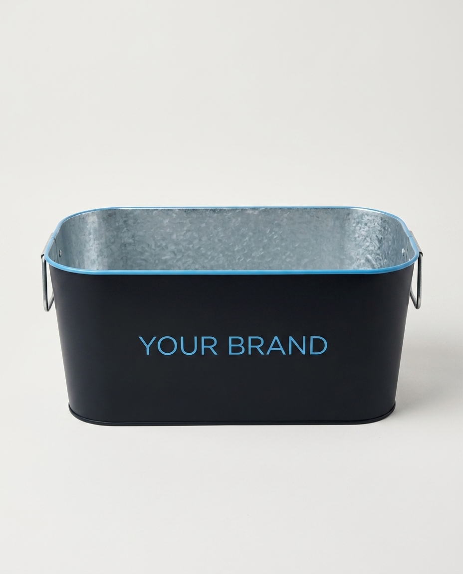 Green metal ice bucket/cooler tub with brand logo and tagline text
