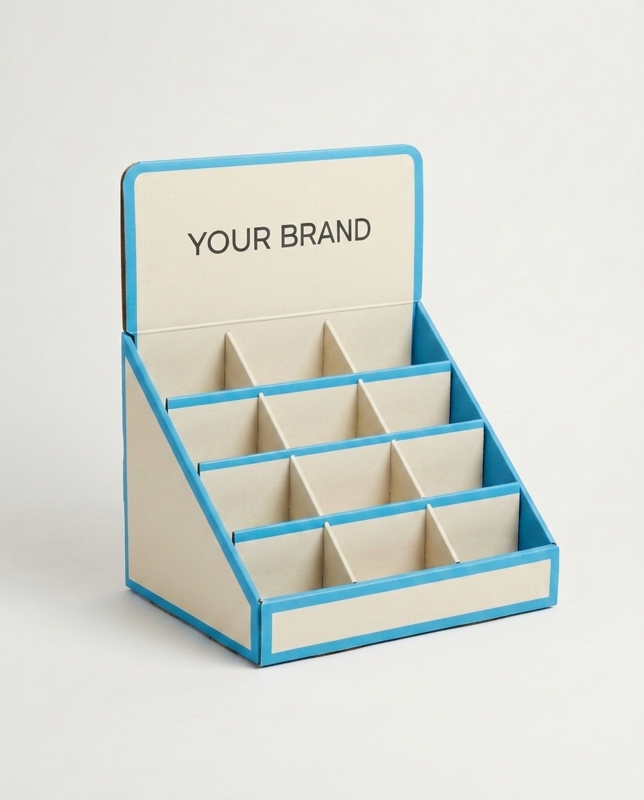 A cardboard countertop point-of-purchase display box for small products