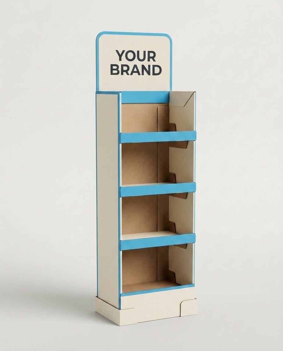 A tall cardboard floor-standing point-of-purchase display stand with shelves