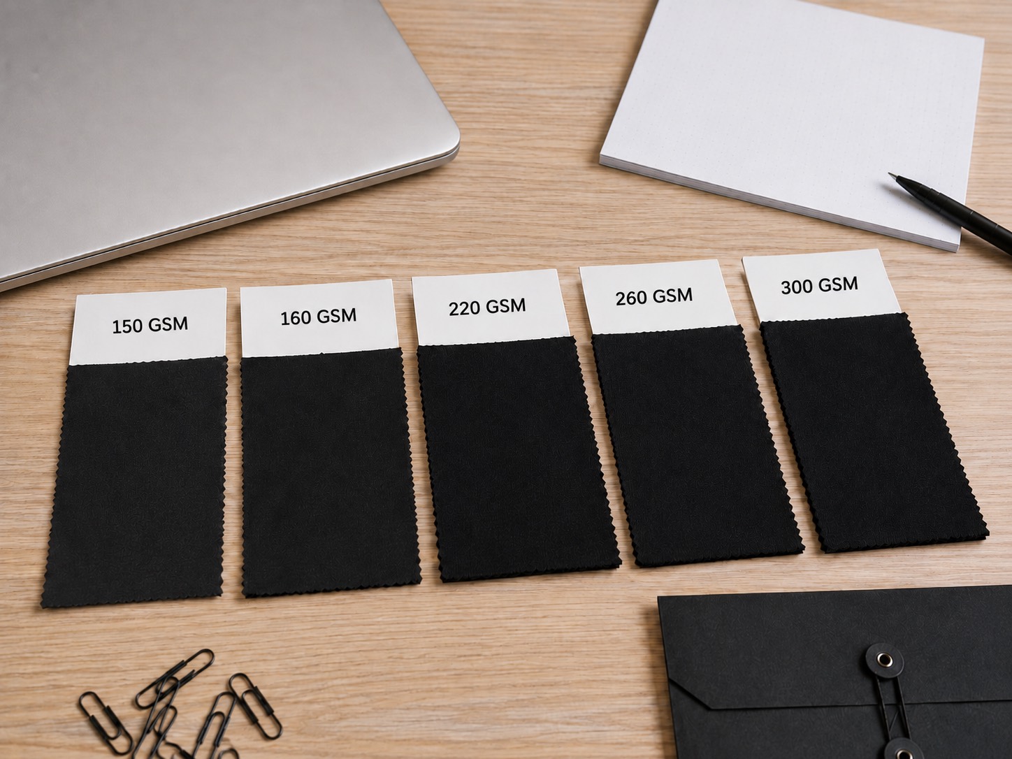 Five black cotton jersey swatches labeled 150, 160, 220, 260 and 300 GSM, laid out on a desk