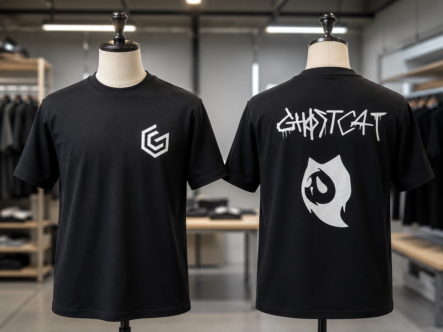 The final 260 GSM GhostCat shirt on two mannequins, front and back, showing the chest mark and the full back graphic
