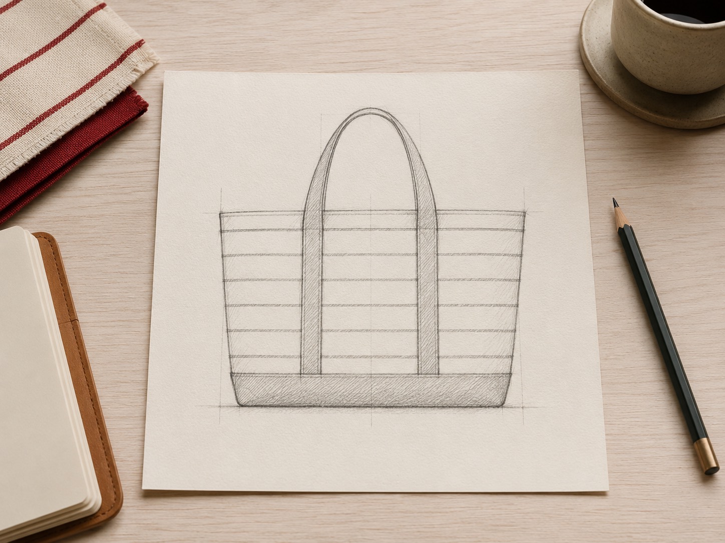 Pencil sketch of the tote on paper, with the striped reference fabric folded beside it
