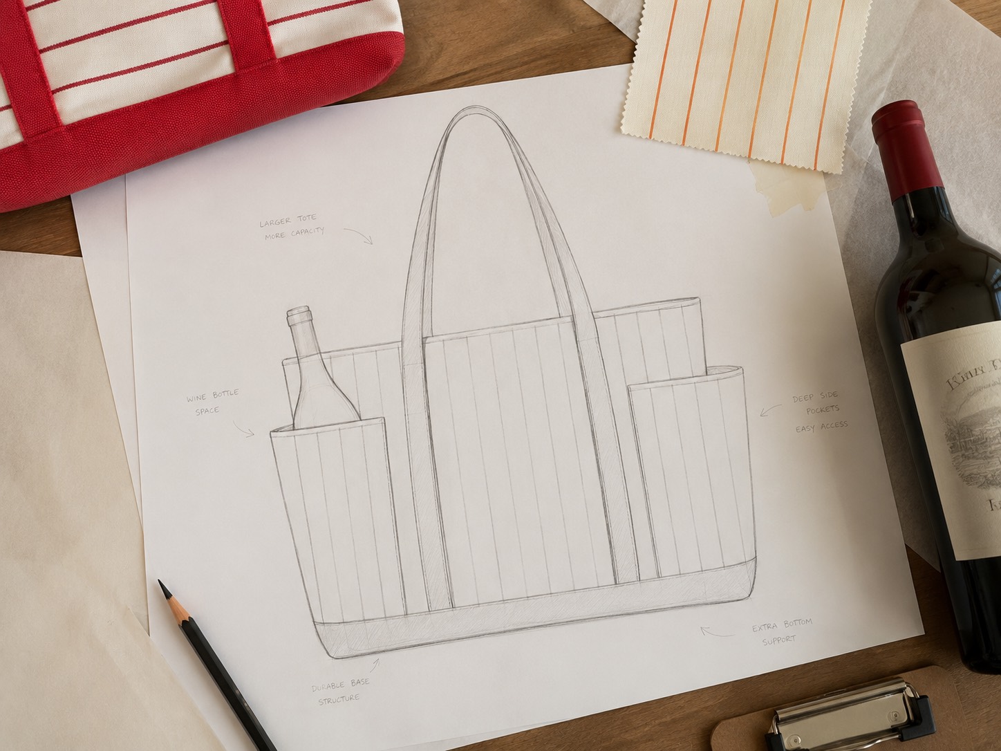 Annotated sketch showing a larger tote with deep side pockets sized for a wine bottle, next to fabric swatches and a wine bottle