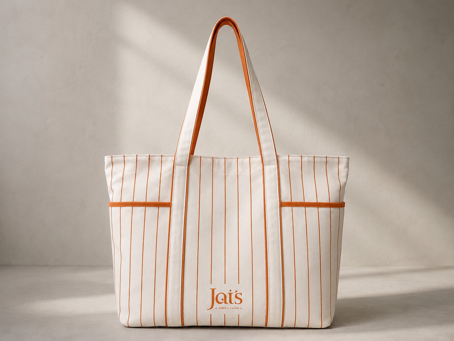 First physical sample: cream canvas tote with orange pinstripes, orange trim and the JAIS Turks and Caicos logo
