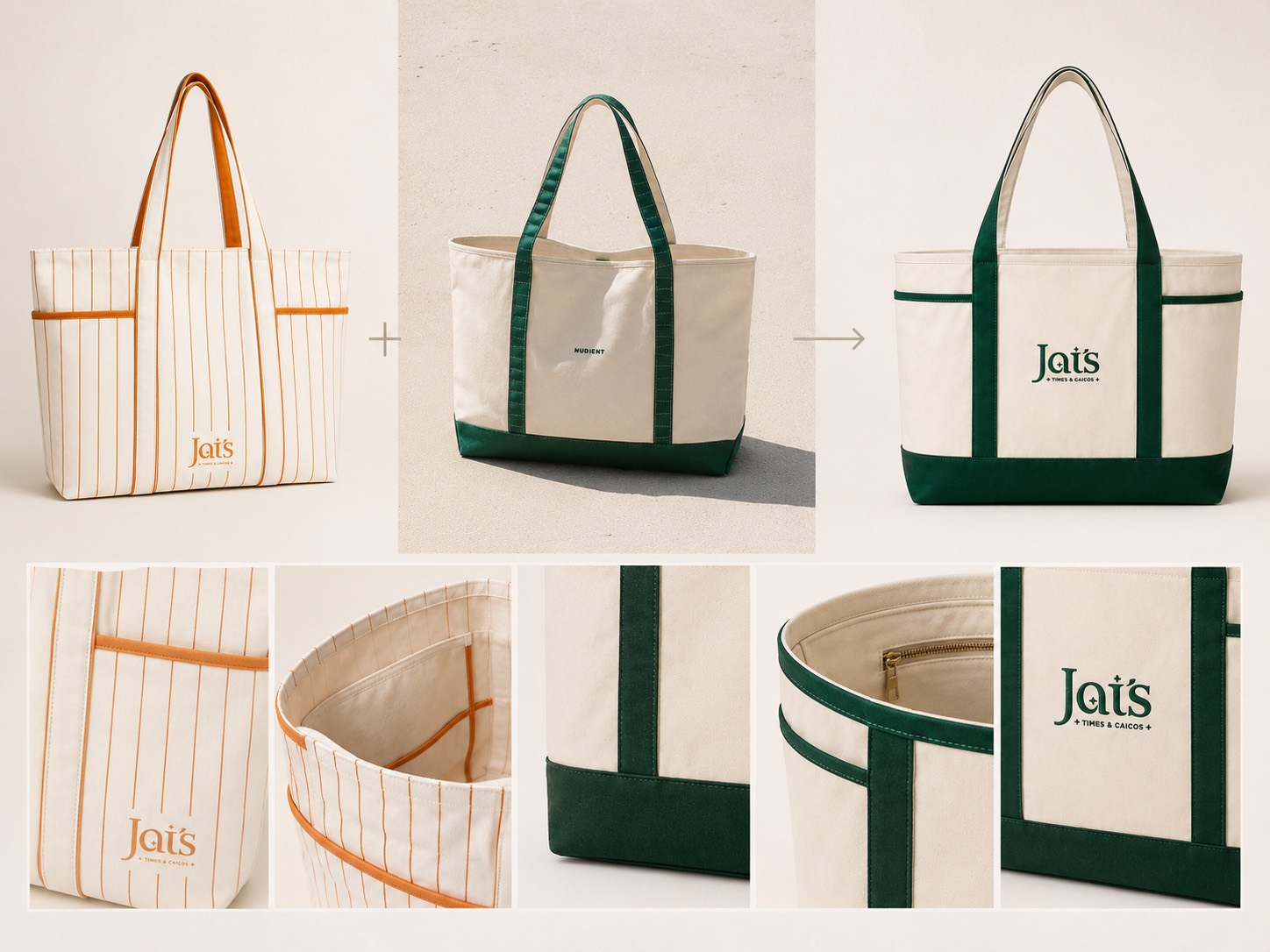 Side-by-side comparison: the orange striped sample plus a dark green boat tote, combined into the final direction, with close-ups of trims and stitching