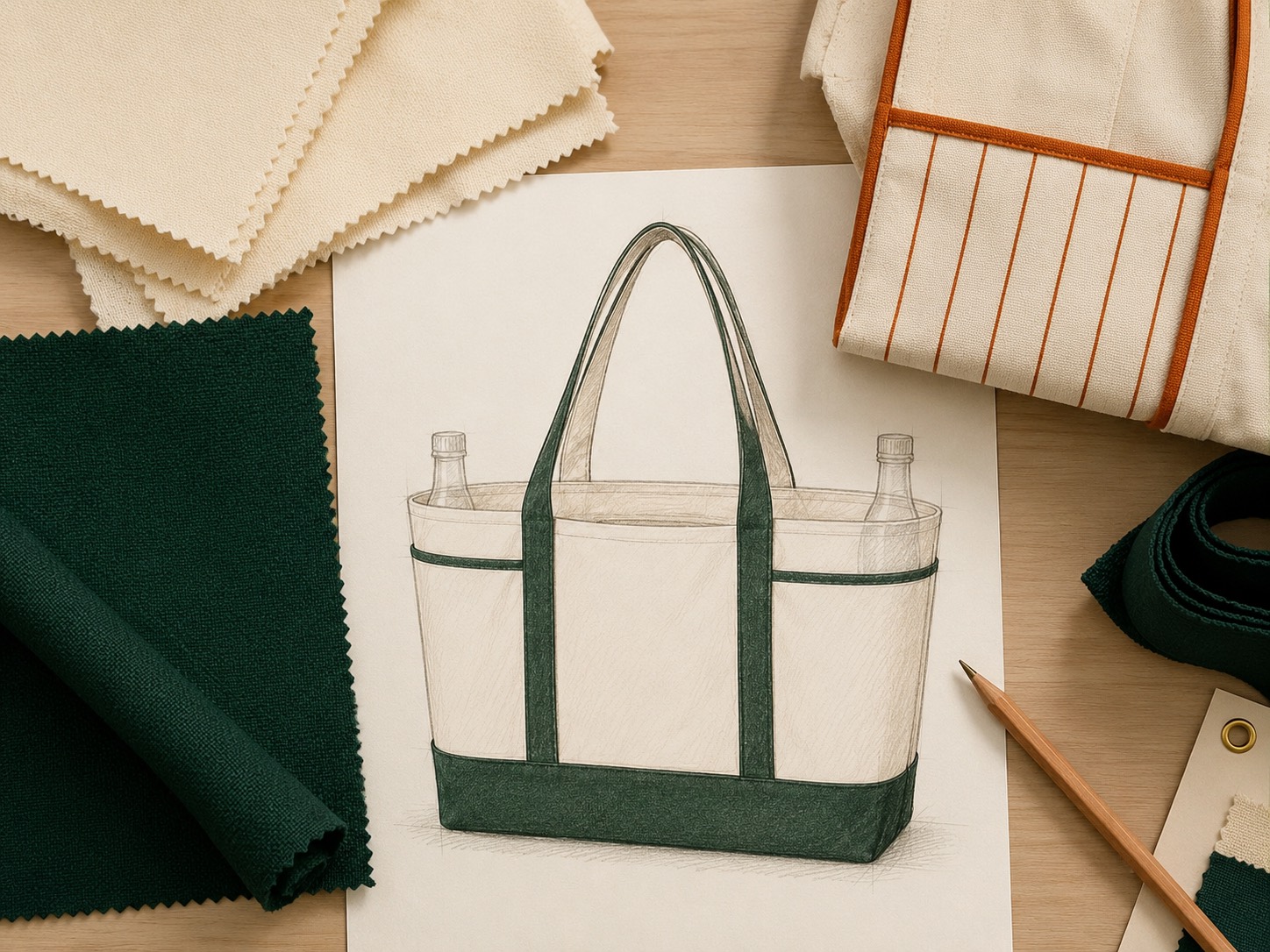 Refined sketch of the tote in dark green and natural canvas, surrounded by the final fabric swatches, webbing and trims