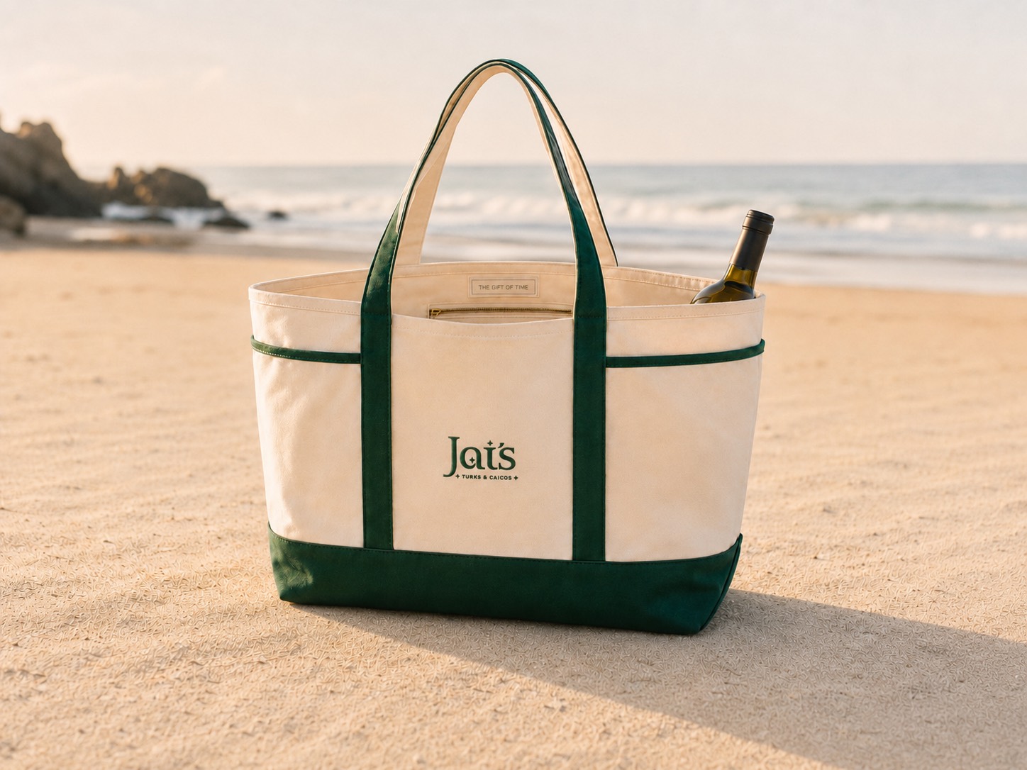 Finished JAIS tote on the beach at golden hour, dark green base and handles, embroidered logo, wine bottle in the side pocket