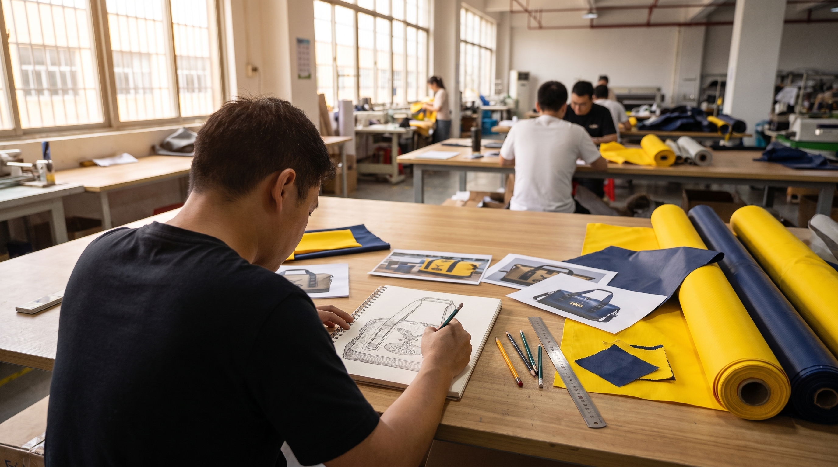 An industrial designer sketching the Cerveza Zulia cooler duffel at a factory in China