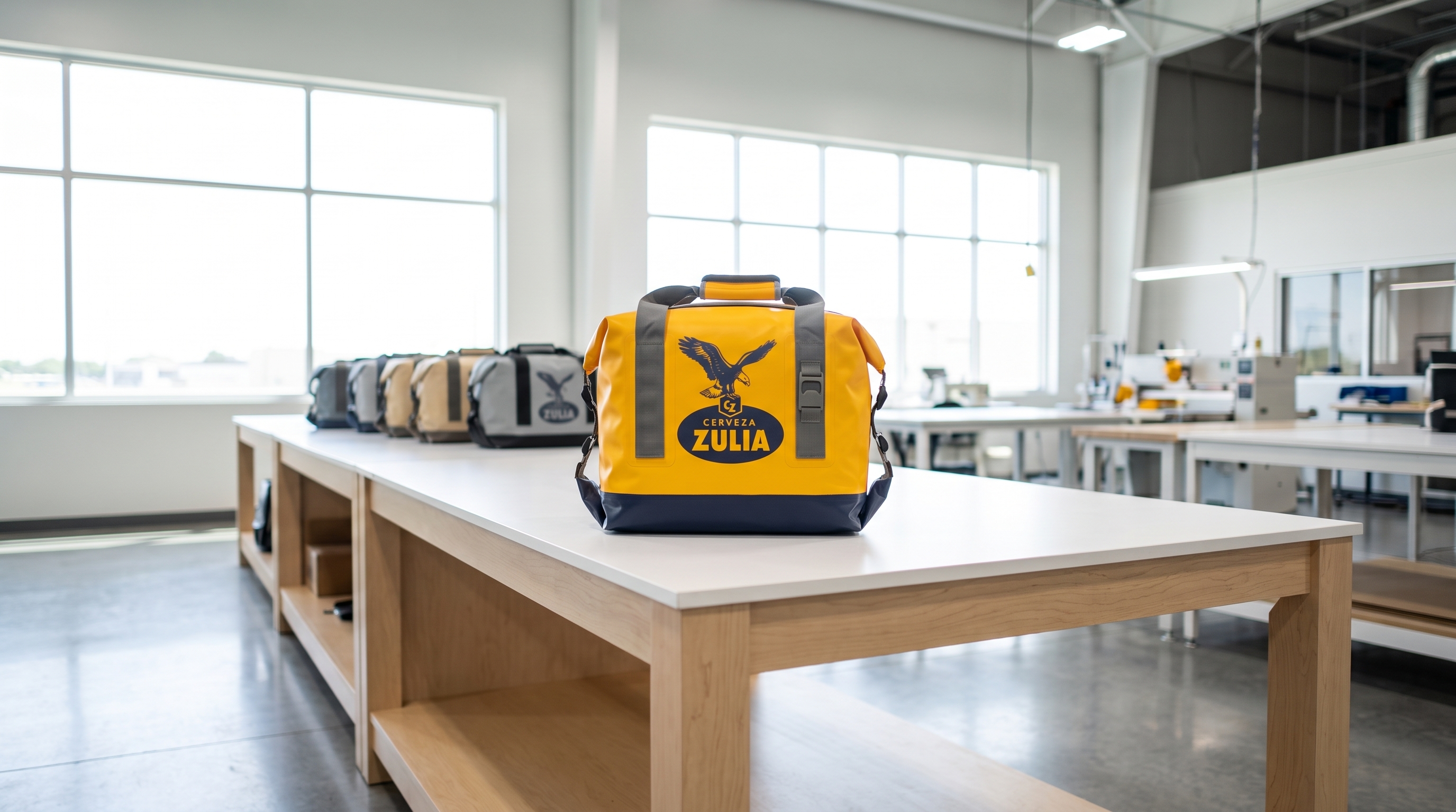 Finished Cerveza Zulia cooler duffel with its branding on the factory floor