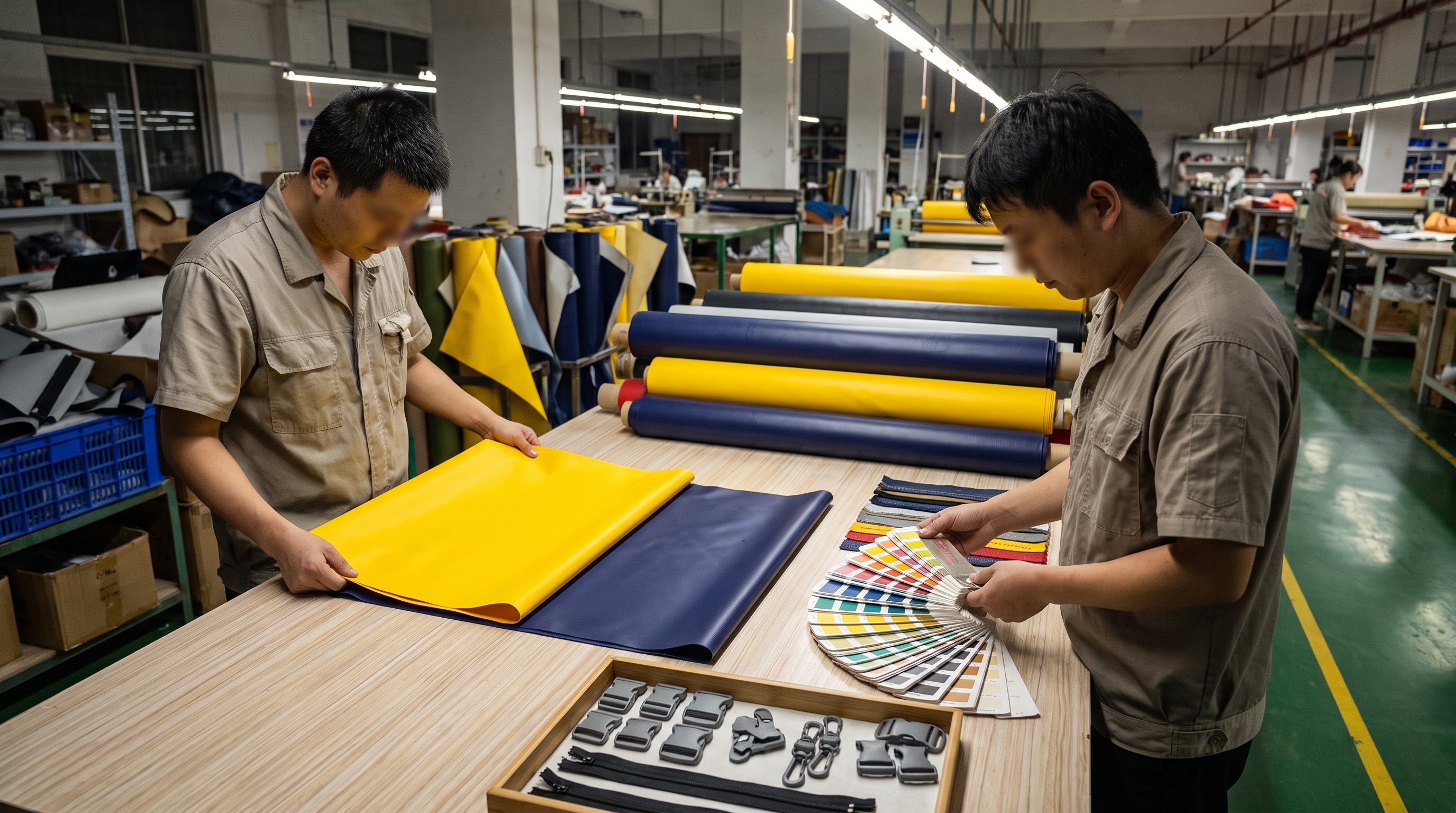 Factory employees reviewing fabric material samples and color swatches