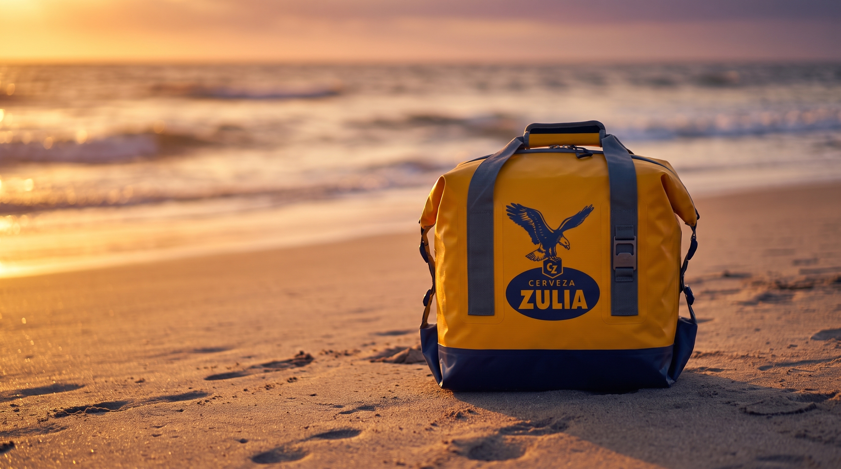 Finished Cerveza Zulia cooler duffel on the beach at golden hour