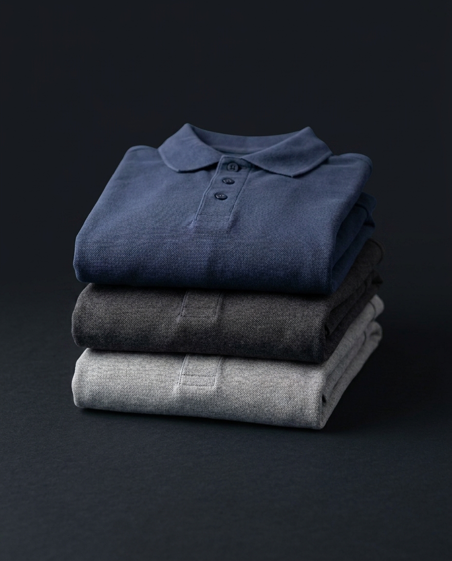 Folded premium cotton polo shirts, capability example for custom apparel