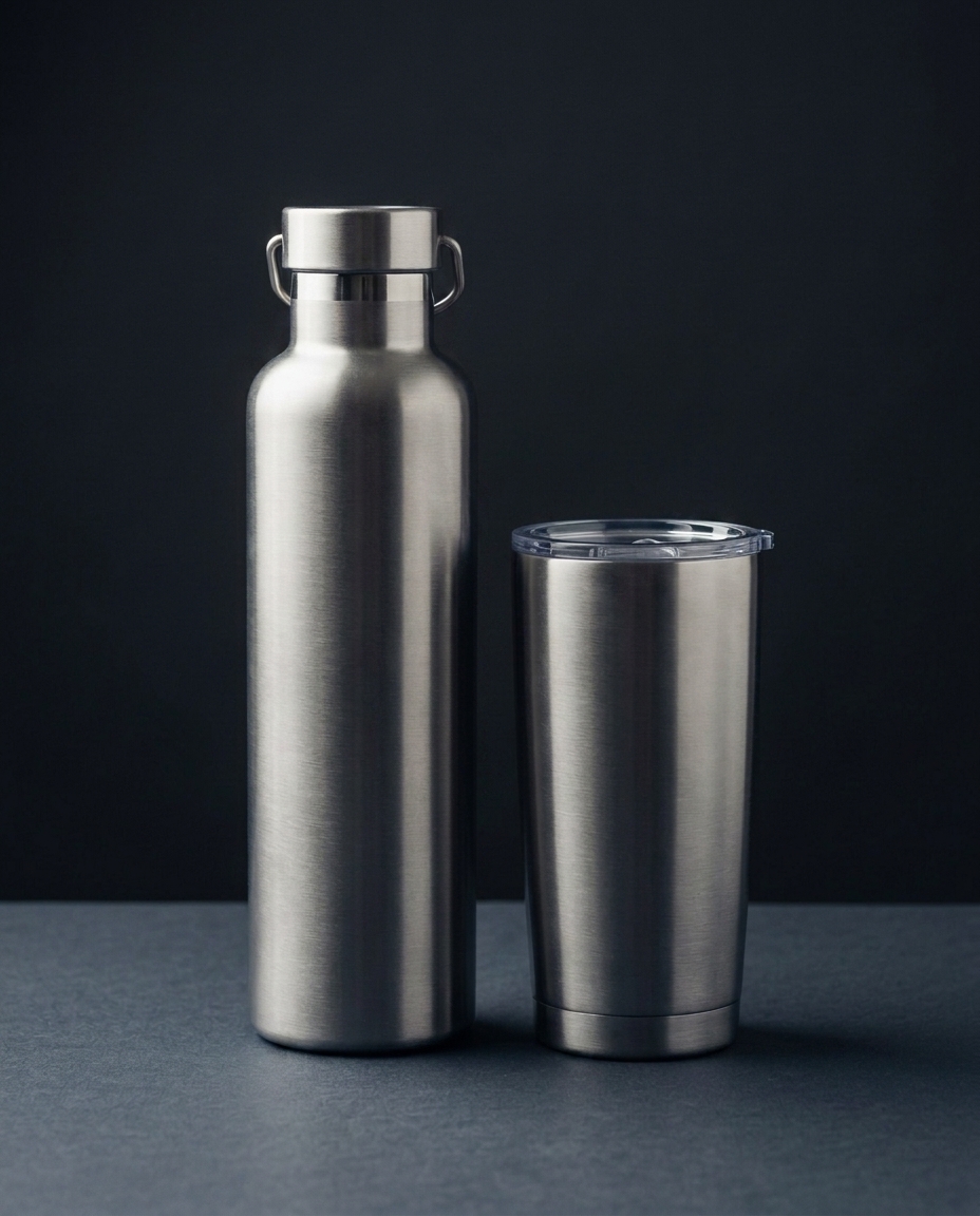 Insulated stainless steel bottle and tumbler, capability example for custom drinkware