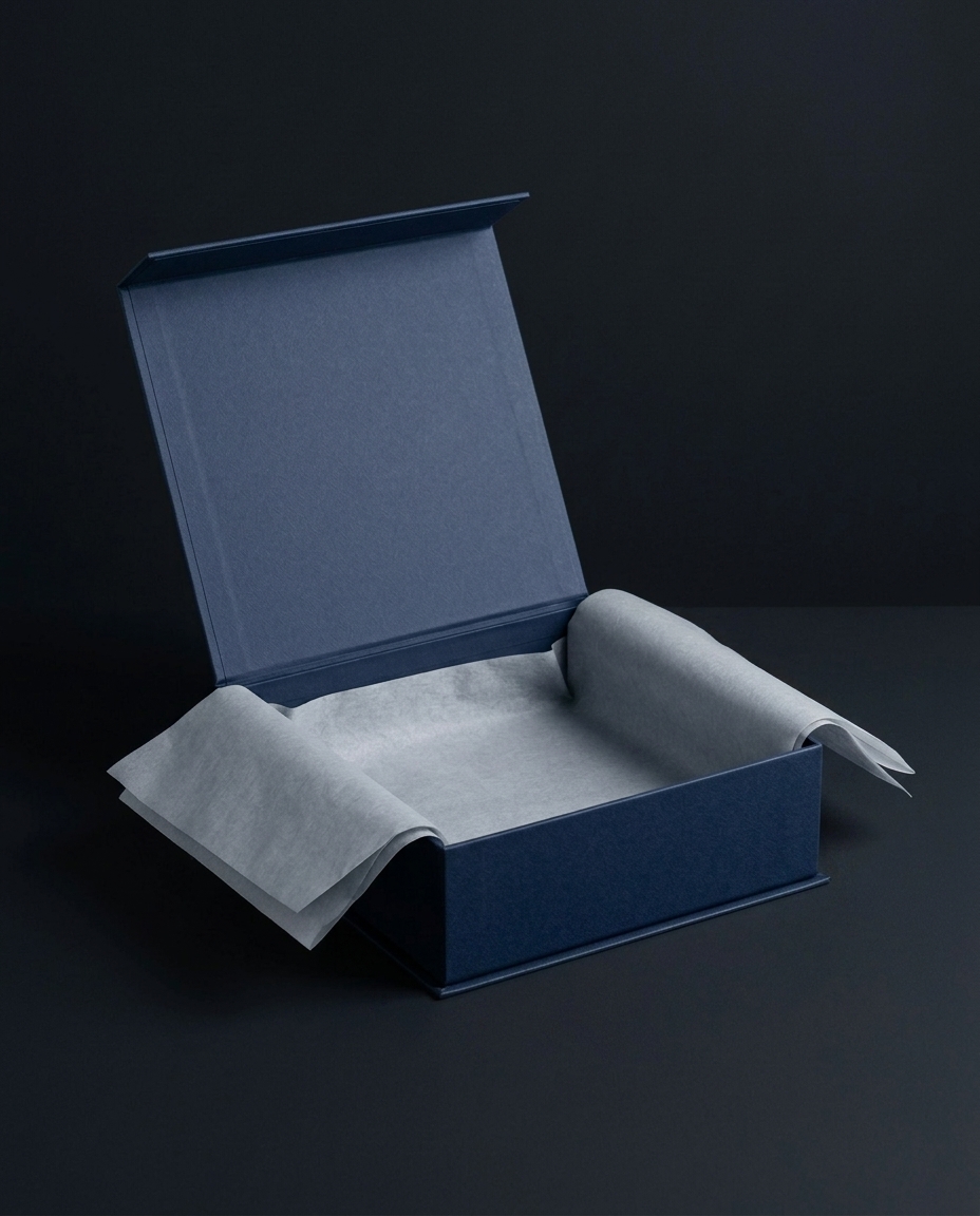 Open rigid gift box with tissue paper interior, capability example for custom packaging