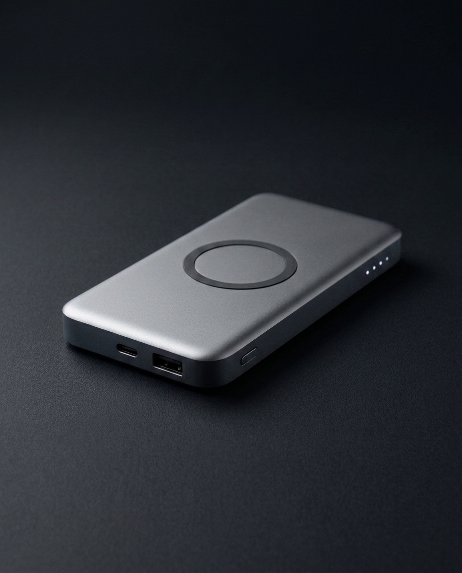 Minimalist aluminum power bank and wireless charger, capability example
